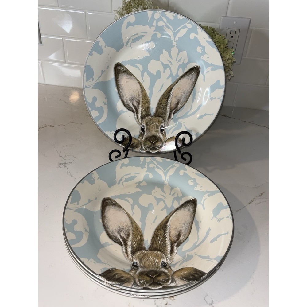 Set of 4 Williams Sonoma Damask Easter Bunny Dinner Plates Light Blue Stoneware